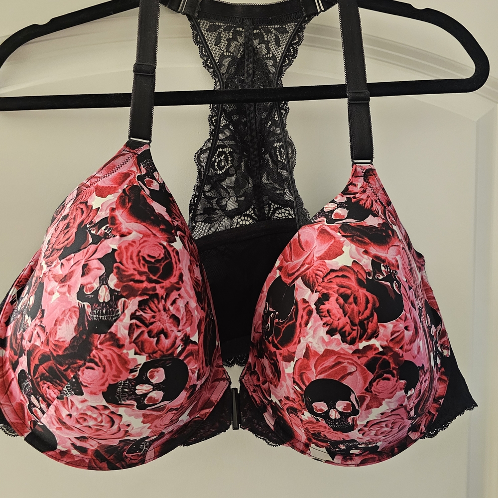 Skull & Floral Lace Racerback Bra - Pink & Black